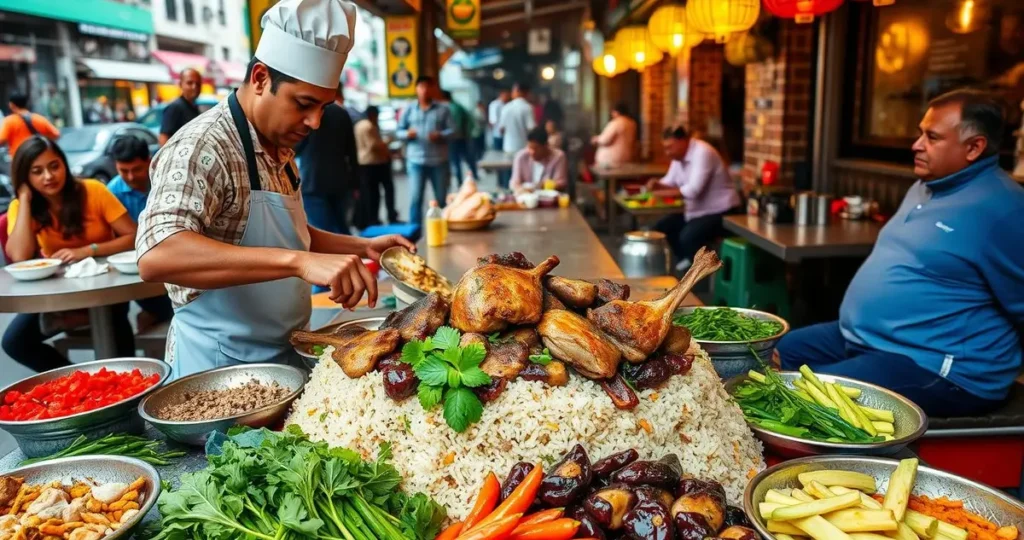 A vibrant street food scene showcasing a chef skillfully preparing lamb over rice, surrounded by colorful spices, herbs, and fresh ingredients, with people enjoying the dish at communal tables, all set against an urban backdrop reflecting cultural diversity and community.