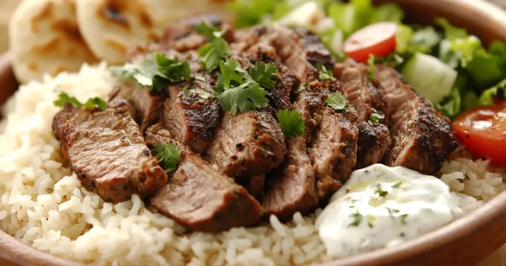 Traditional lamb over rice served with fresh herbs, yogurt sauce, and Middle Eastern spices like cumin and coriander. The dish is surrounded by Mediterranean sides such as hummus, salad, and pita, representing the cultural richness of the Middle Eastern and Mediterranean regions.