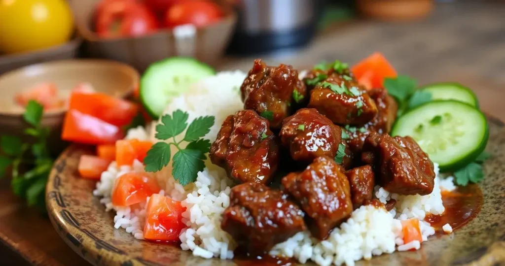 Deliciously spiced lamb chunks served over fluffy jasmine rice, garnished with fresh herbs like parsley and cilantro, alongside vibrant vegetables like diced tomatoes and cucumber, all artfully arranged on a rustic plate, with a drizzle of tangy sauce, set against a warm, inviting kitchen background."