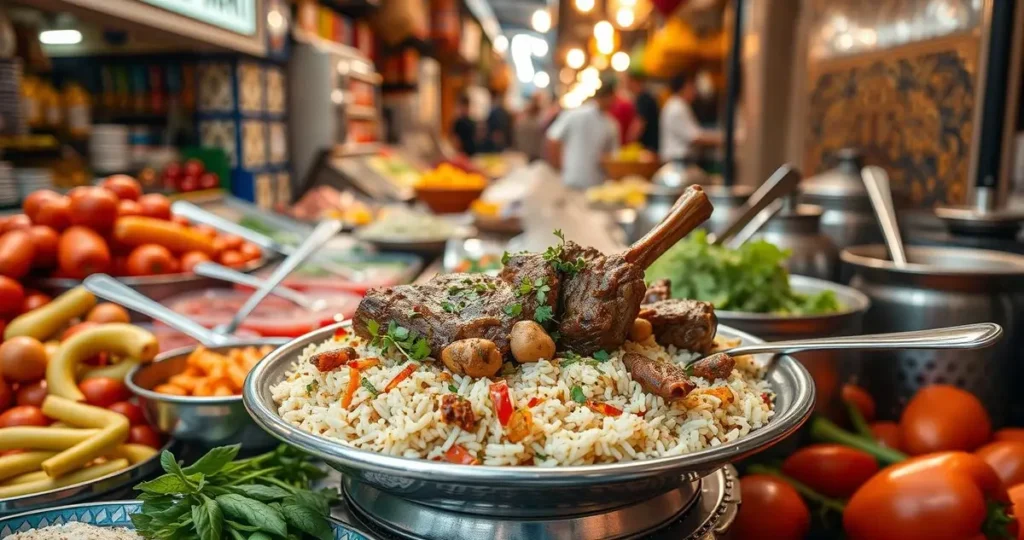 A vibrant street food scene featuring a bustling Middle Eastern market, showcasing a steaming plate of lamb over rice garnished with fresh herbs and spices, surrounded by colorful vegetables and traditional utensils, with intricate mosaic tiles and warm, ambient lighting reflecting the rich cultural heritage.