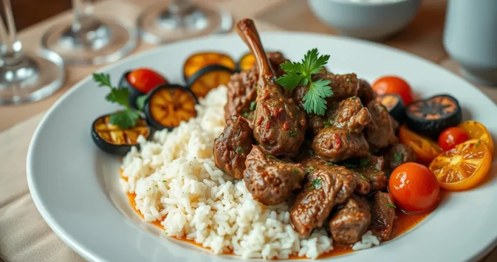 A beautifully plated dish of tender lamb seasoned with aromatic spices, served over a bed of fluffy white rice. The dish is garnished with fresh herbs like parsley and mint, accompanied by vibrant side vegetables such as grilled eggplant, roasted tomatoes, and a tangy yogurt sauce. The setting includes elegant tableware and a soft, warm background that enhances the appetizing colors of the food.