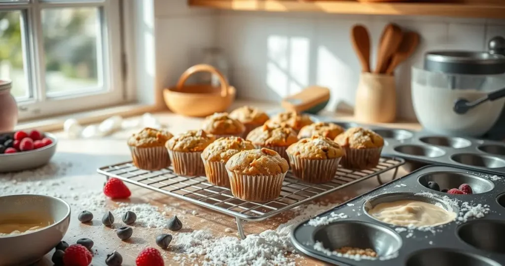 A cozy kitchen scene with freshly baked muffins cooling on a wire rack, soft sunlight streaming through a window, scattered flour on the countertop, vibrant berries and chocolate chips around, a mixing bowl with a creamy batter, and muffin tins ready for the next batch.