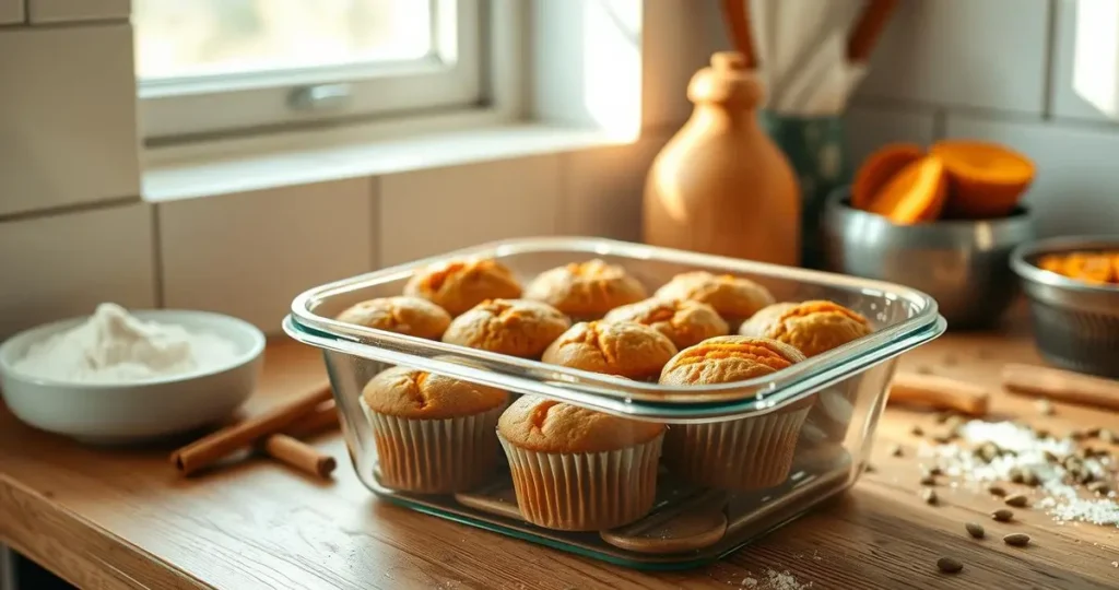 A cozy kitchen scene featuring a tray of freshly baked sweet potato muffins, placed inside an airtight glass container on a rustic wooden countertop. Soft natural light streaming through a nearby window highlights the moist texture of the muffins, with hints of warm spices like cinnamon and nutmeg in the air. A small bowl of sweet potato puree and scattered ingredients like flour and pumpkin seeds adorn the background, evoking a sense of homemade comfort.