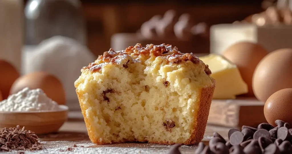 Freshly baked muffin cut in half to reveal a soft, moist interior. Surrounded by ingredients like eggs, flour, and chocolate chips, showcasing the secret to making perfect, moist muffins.