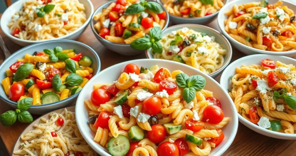 A vibrant and colorful display of various pasta salad ideas, featuring a variety of cooked pasta shapes, fresh vegetables like cherry tomatoes, bell peppers, and cucumbers, dressed with olive oil and herbs, garnished with basil leaves and sprinkled feta cheese, served in elegant bowls on a wooden table under natural light, emphasizing the freshness and enticing appearance of the dishes.