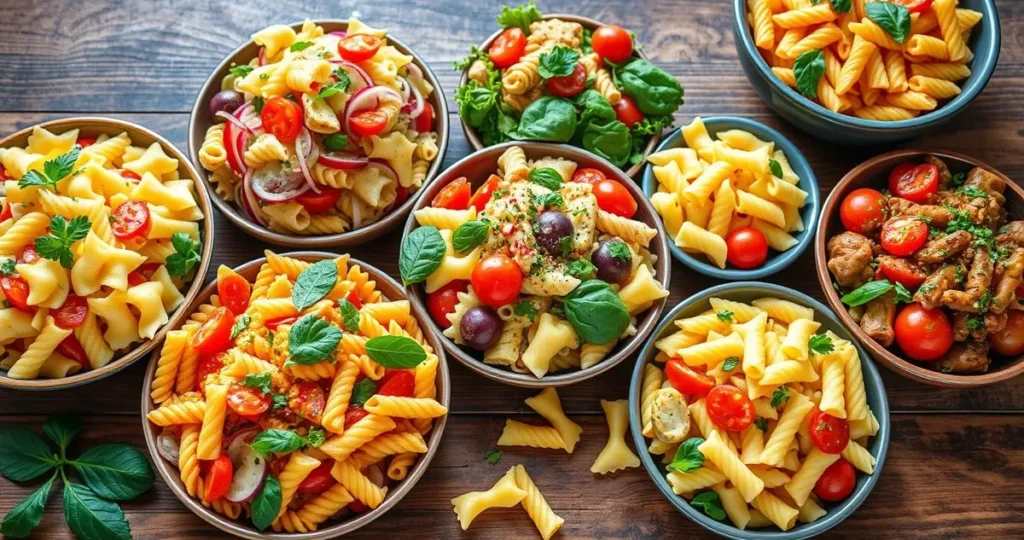 A vibrant spread of colorful pasta salads featuring various ideal pasta shapes like fusilli, farfalle, and penne. Each salad is mixed with fresh vegetables, herbs, and a drizzle of dressing, arranged artistically on a rustic wooden table. Bright lighting enhances the freshness of the ingredients, creating an appetizing and enticing presentation.