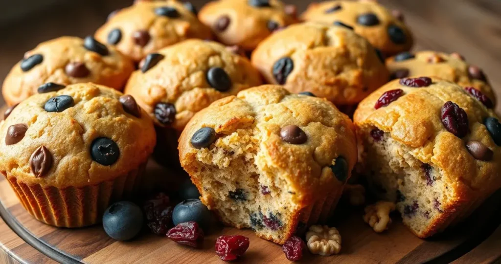 A vibrant assortment of freshly baked muffins displayed on a wooden platter, featuring a variety of mix-ins such as chocolate chips, blueberries, walnuts, and dried cranberries. The muffins have a golden brown crust with a fluffy, moist interior peeking out. Soft natural lighting highlights the textures and colors of the ingredients, creating an inviting and appetizing scene.