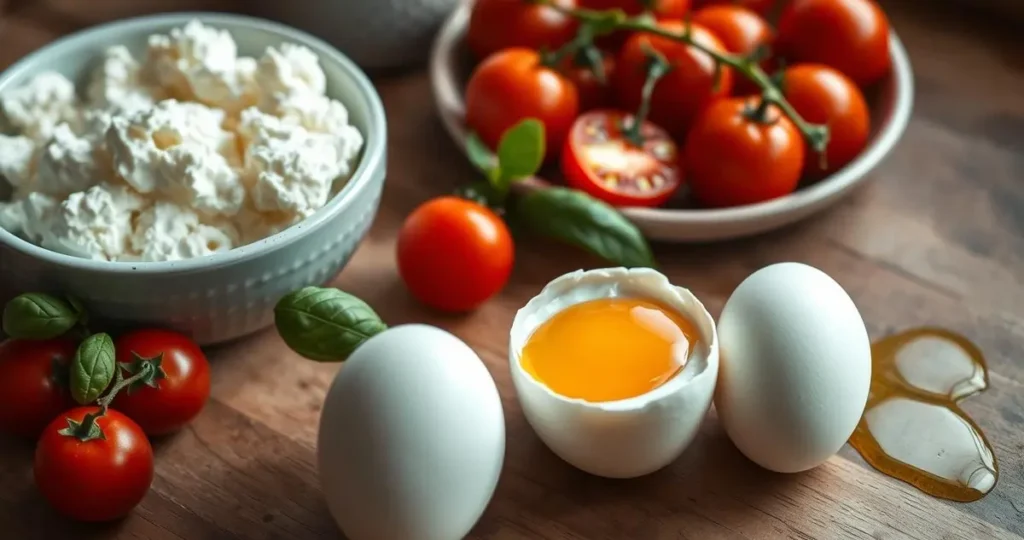 A rustic kitchen countertop featuring fresh, free-range eggs with a rich golden yolk, alongside a bowl of creamy, textured cottage cheese. Include vibrant cherry tomatoes, fresh herbs like basil, and a drizzle of olive oil. Soft natural light illuminates the scene, highlighting the freshness and quality of the ingredients.