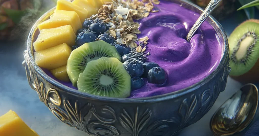 A refreshing acai bowl tropical smoothie topped with vibrant tropical fruits, granola, chia seeds, and coconut flakes, placed on a clean, bright surface, symbolizing a healthy and energizing treat.