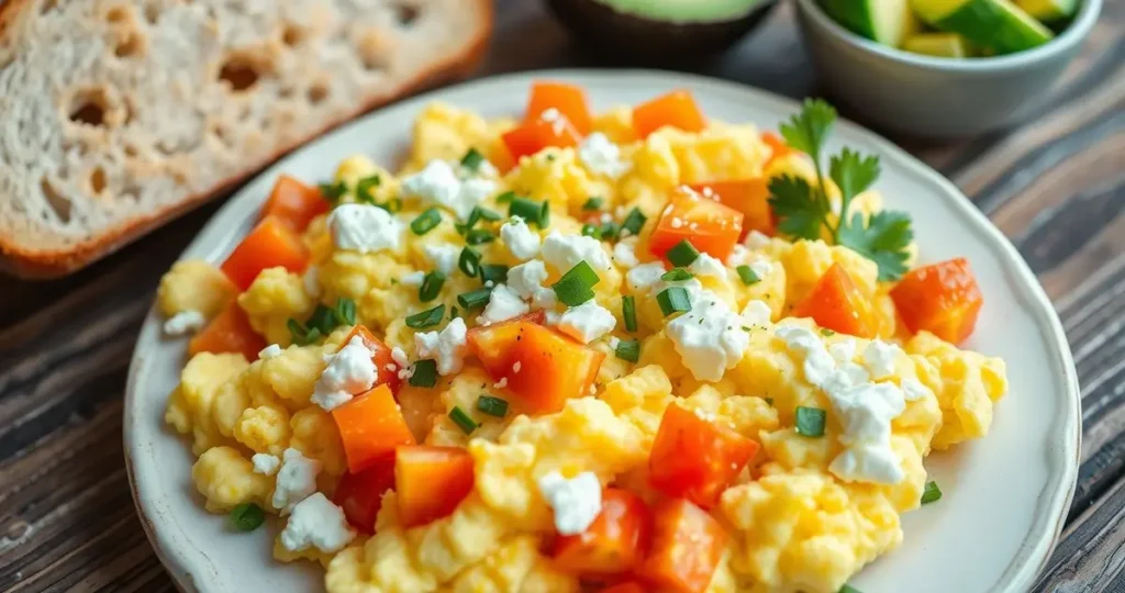 A vibrant and inviting breakfast scene featuring a close-up of fluffy scrambled eggs enriched with creamy cottage cheese, garnished with fresh herbs like chives and parsley. Surrounding the eggs, colorful flavor enhancements include diced tomatoes, sautéed bell peppers, and a sprinkle of feta cheese. A side of crispy toast and a small bowl of ripe avocado slices adds to the appetizing display, all set on a rustic wooden table with soft morning light illuminating the dish.