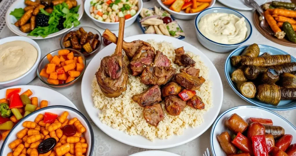 A beautifully arranged Middle Eastern feast featuring a platter of fragrant, spiced lamb over fluffy rice, surrounded by colorful side dishes including creamy hummus, refreshing tabbouleh salad, roasted eggplant with tahini, stuffed grape leaves, and tangy pickled vegetables, all set on a decorative tablecloth with intricate patterns.