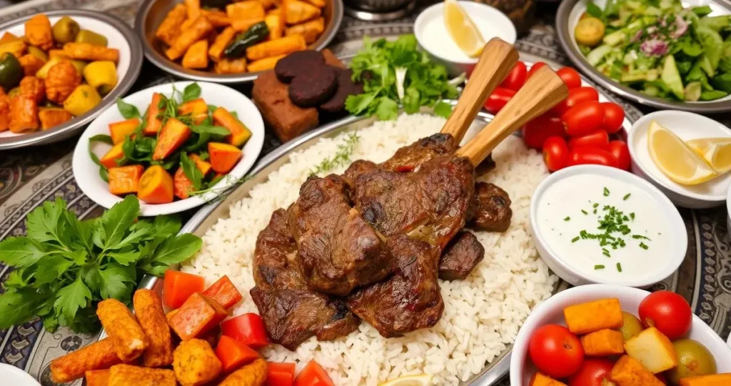 A beautifully arranged platter featuring tender lamb served over fluffy rice, surrounded by vibrant side dishes such as roasted vegetables, a fresh green salad, creamy tzatziki sauce, and garnished with herbs and lemon wedges, all set on an ornate table with Middle Eastern decor.