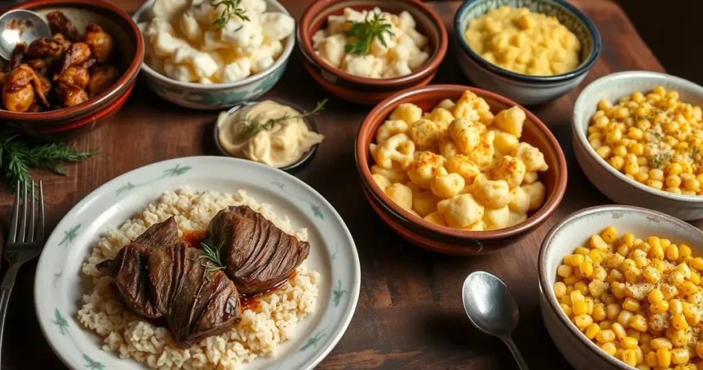 A beautifully arranged table featuring a variety of creamy side dishes complementing a plate of lamb over rice, including fluffy mashed potatoes with herbs, rich creamy polenta topped with parmesan, velvety cauliflower gratin, and a smooth buttered corn dish, all served in elegant, rustic dishware with vibrant colors and textures, set against a warm, inviting background.