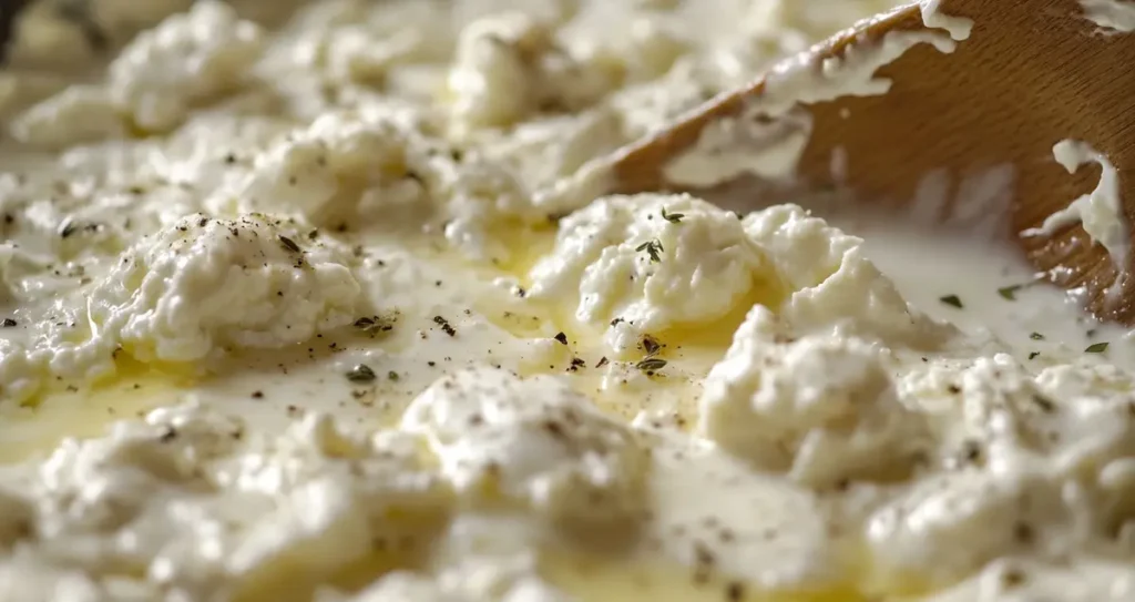 A close-up of scrambled eggs mixed with cottage cheese, showing a slightly watery texture in a skillet. The eggs are soft and creamy with some liquid pooling around them. The scene is set in a cozy kitchen, with a wooden spoon and herbs visible as decoration.