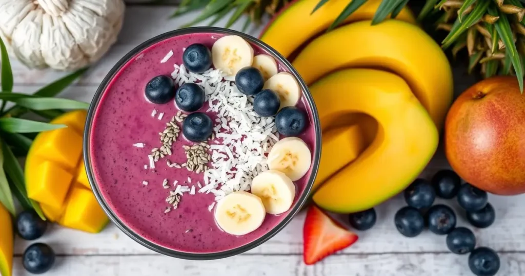 A vibrant tropical smoothie bowl filled with acai puree, topped with sliced bananas, fresh blueberries, shredded coconut, and chia seeds, surrounded by a colorful arrangement of tropical fruits like mango and kiwi, all set on a rustic wooden table with a hint of greenery.