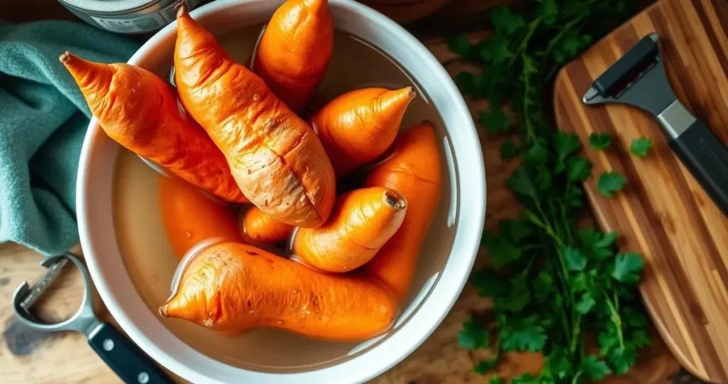 A rustic kitchen scene featuring a bowl filled with vibrant orange sweet potatoes soaking in water, with a wooden countertop and soft natural lighting. Surrounding the bowl are kitchen tools like a peeler, a cutting board, and fresh herbs, creating an inviting atmosphere of preparation for a healthy meal.