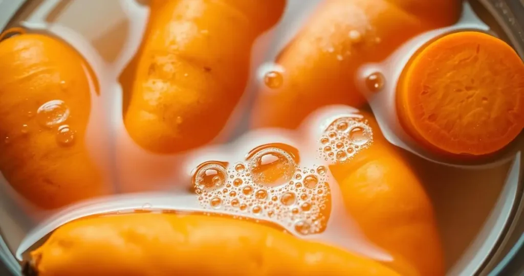 A close-up scene of vibrant orange sweet potatoes soaking in a bowl of water, with bubbles rising to the surface, surrounded by a rustic wooden countertop, soft natural light illuminating the texture of the potatoes and droplets of water glistening on their surface.