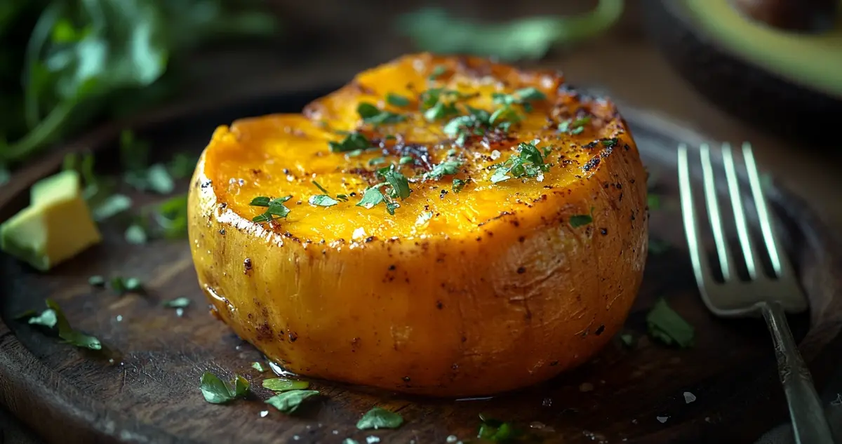 Close-up of a baked sweet potato with a fork on a rustic wooden table, highlighting its healthy and nutritious texture, with fresh ingredients like greens and avocado around it.