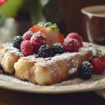 A delicious plate of sourdough French toast with fresh berries, powdered sugar, and maple syrup, served in a cozy breakfast setting with a cup of coffee and napkin on the side.