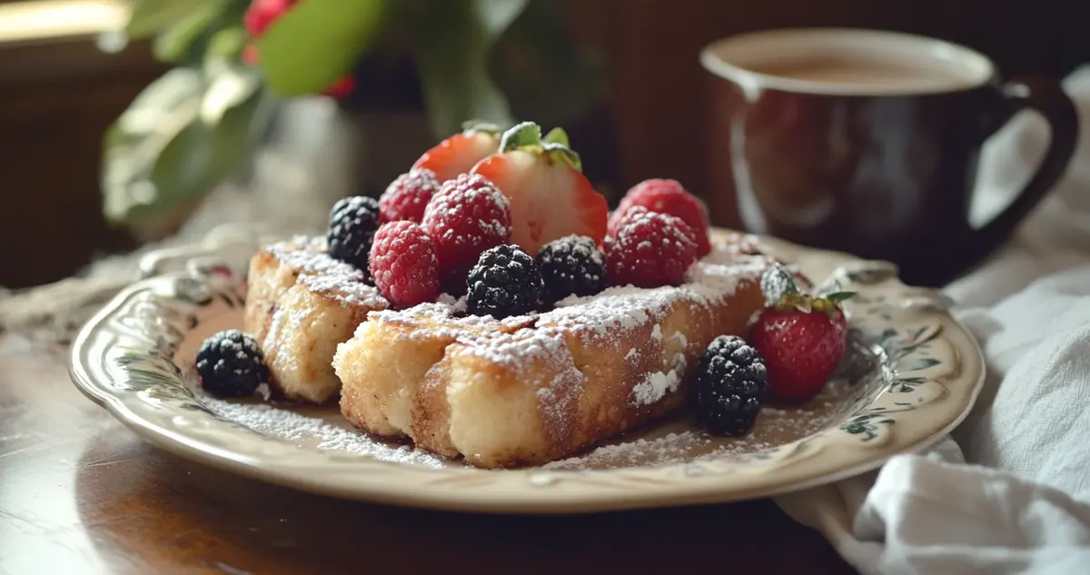 A delicious plate of sourdough French toast with fresh berries, powdered sugar, and maple syrup, served in a cozy breakfast setting with a cup of coffee and napkin on the side.