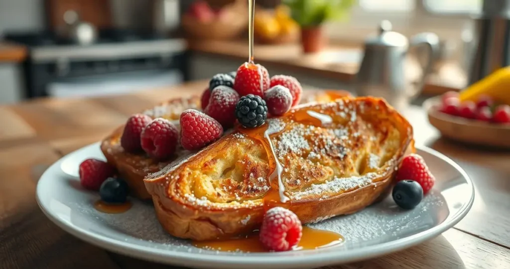 A beautifully plated dish of golden-brown sourdough French toast, garnished with fresh berries and a dusting of powdered sugar, drizzled with warm maple syrup, surrounded by a rustic kitchen setting with soft morning light streaming in.