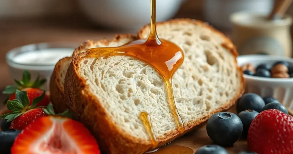 A close-up of a beautifully toasted slice of sourdough bread topped with a drizzle of golden maple syrup, surrounded by fresh berries like strawberries and blueberries, with a soft-focus background of a rustic kitchen. Include elements like a small bowl of yogurt and nuts to hint at nutritional benefits, highlighting the texture and crust of the sourdough.