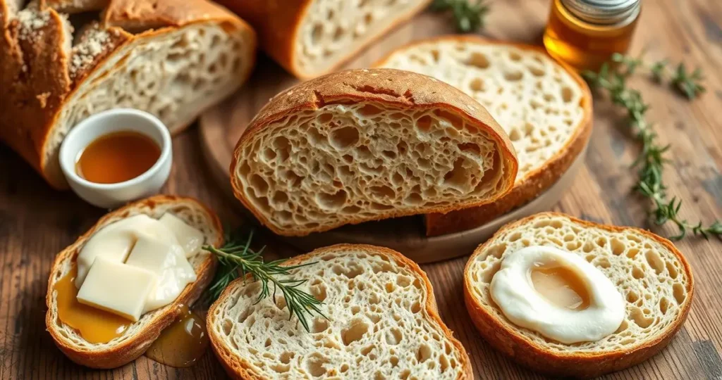 A beautifully arranged still life showcasing sourdough bread slices on a rustic wooden table, with close-ups of the crust displaying its golden-brown color and unique texture. Surrounding the bread, an assortment of buttery spreads, honey drizzles, and fresh herbs to represent the flavor profile. Warm, natural lighting enhances the inviting atmosphere, highlighting the bubbles of the sourdough crumb and the crispy crust.