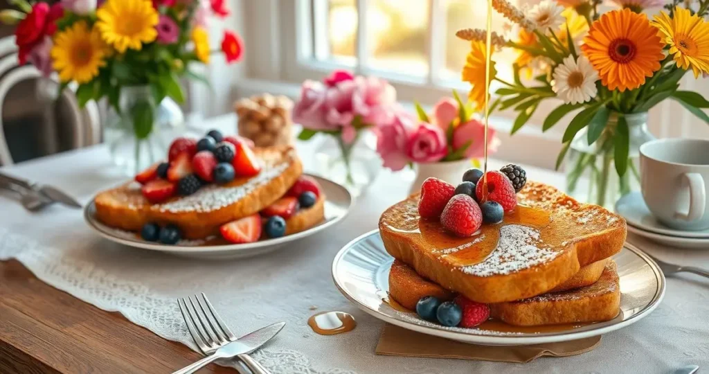 A beautifully arranged brunch table featuring golden-brown sourdough French toast topped with fresh berries, a dusting of powdered sugar, and drizzled with maple syrup, surrounded by vibrant flowers, soft morning light filtering through a window, elegant plates, and silver cutlery.