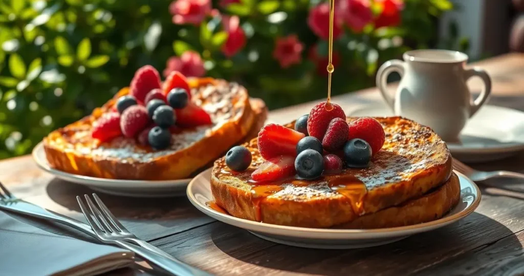 A beautifully arranged brunch scene featuring golden-brown slices of sourdough French toast topped with fresh berries, a drizzle of maple syrup, and a dusting of powdered sugar. The setting includes a rustic wooden table, vibrant green foliage in the background, and elegantly styled plates with forks and napkins. Sunlight streaming in, casting soft shadows, creating a warm and inviting atmosphere.