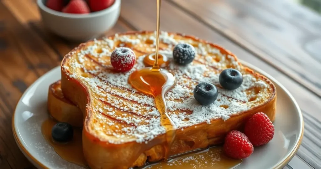 A beautifully arranged plate of golden-brown sourdough french toast​, topped with a dusting of powdered sugar, fresh berries, and a drizzle of maple syrup, set against a rustic wooden table background with soft morning light illuminating the scene.