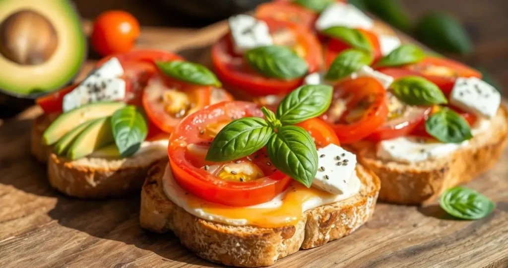 A beautifully styled arrangement of sourdough toast slices, topped with an assortment of colorful ingredients like creamy avocado, vibrant heirloom tomatoes, tangy goat cheese, fresh basil leaves, a drizzle of honey, and a sprinkle of chia seeds, set against a rustic wooden background. The toast toppings are artistically placed to highlight textures and colors, with natural light casting soft shadows.