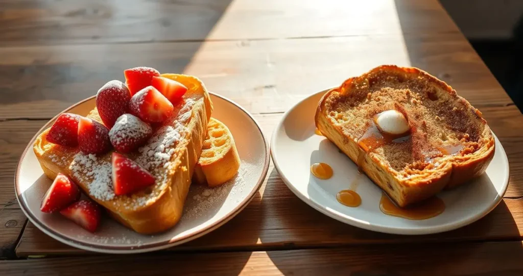 Two beautifully plated French toasts side by side on a rustic wooden table, one made with golden, fluffy brioche topped with fresh strawberries and powdered sugar, the other crafted from crusty sourdough garnished with a drizzle of maple syrup and a sprinkle of cinnamon, warm sunlight illuminating the scene, inviting a cozy breakfast atmosphere