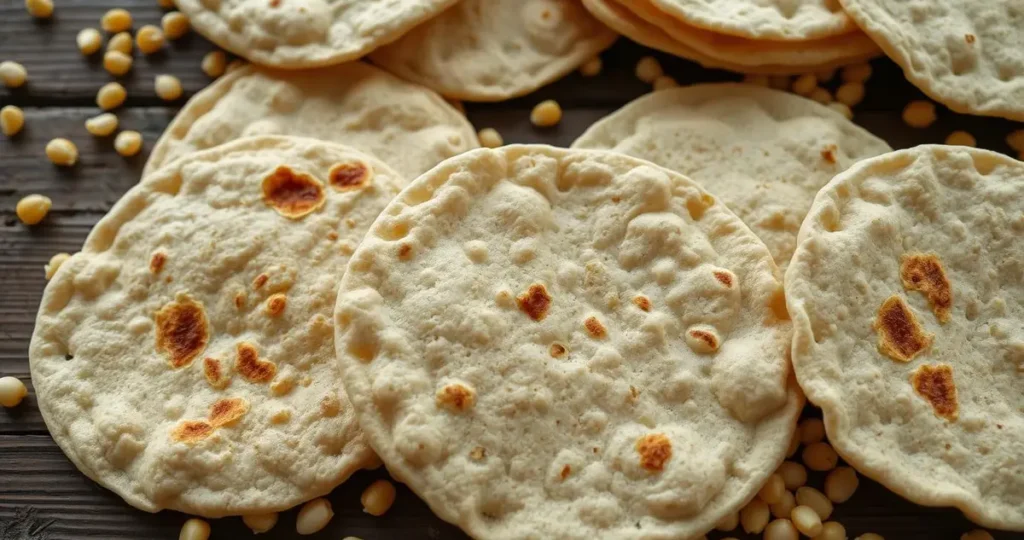 An assortment of slightly spoiled corn tortillas, displaying subtle signs of mold and discoloration, arranged on a rustic wooden surface surrounded by scattered corn kernels, with natural light illuminating their texture and imperfections.