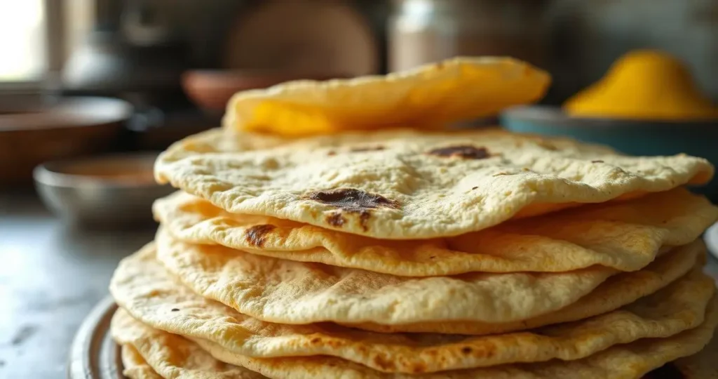 A close-up view of a stack of corn tortillas, some showing signs of spoilage like mold and discoloration, with a blurred background of a rustic kitchen setting, soft natural lighting highlighting the texture and imperfections of the spoiled tortillas.