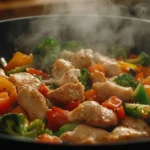 Featured image of a vibrant stir fry chicken dish with golden seared chicken and colorful fresh vegetables like bell peppers and broccoli, sizzling in a wok with steam rising, capturing the essence of 'What is the secret to a good stir fry chicken', served on a rustic wooden countertop with a garnish of fresh herbs."