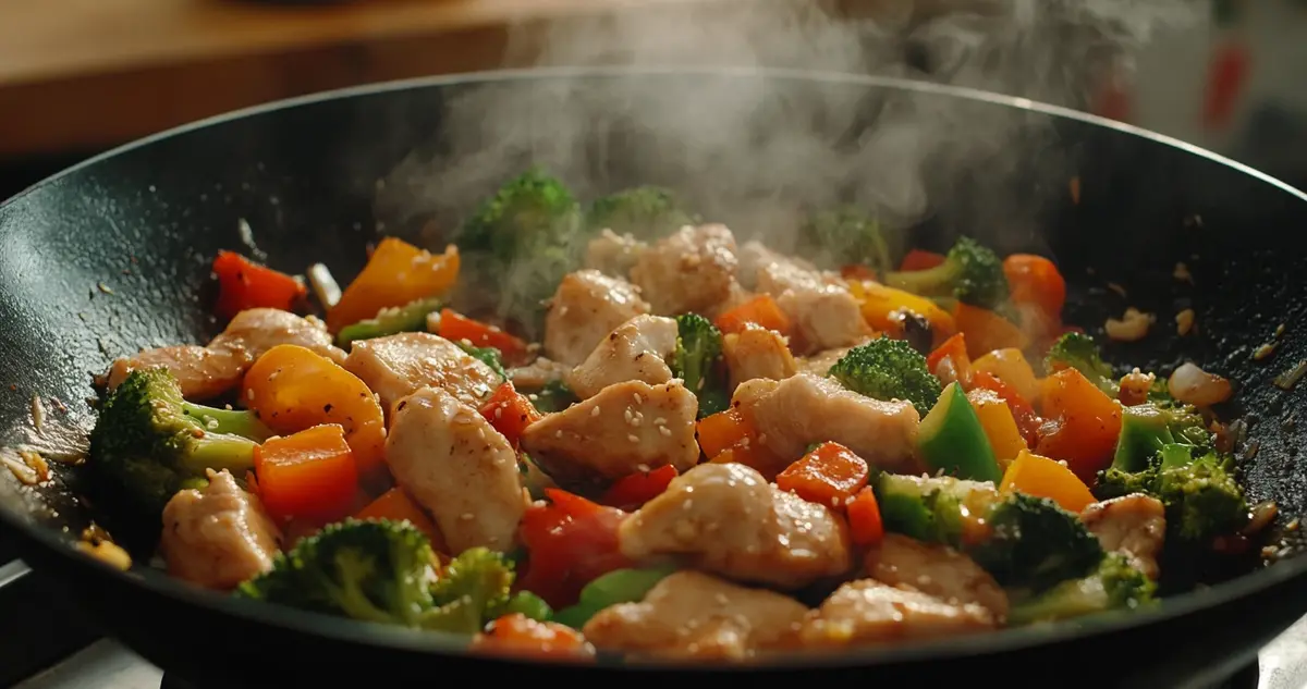 Featured image of a vibrant stir fry chicken dish with golden seared chicken and colorful fresh vegetables like bell peppers and broccoli, sizzling in a wok with steam rising, capturing the essence of 'What is the secret to a good stir fry chicken', served on a rustic wooden countertop with a garnish of fresh herbs."