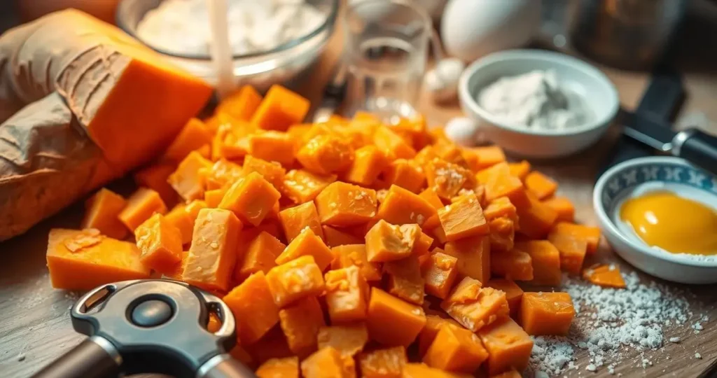 Close-up of sweet potatoes being peeled and chopped, surrounded by kitchen utensils like a peeler and knife, with flour, eggs, and spices in the background, warm lighting highlighting the orange color of the sweet potatoes.