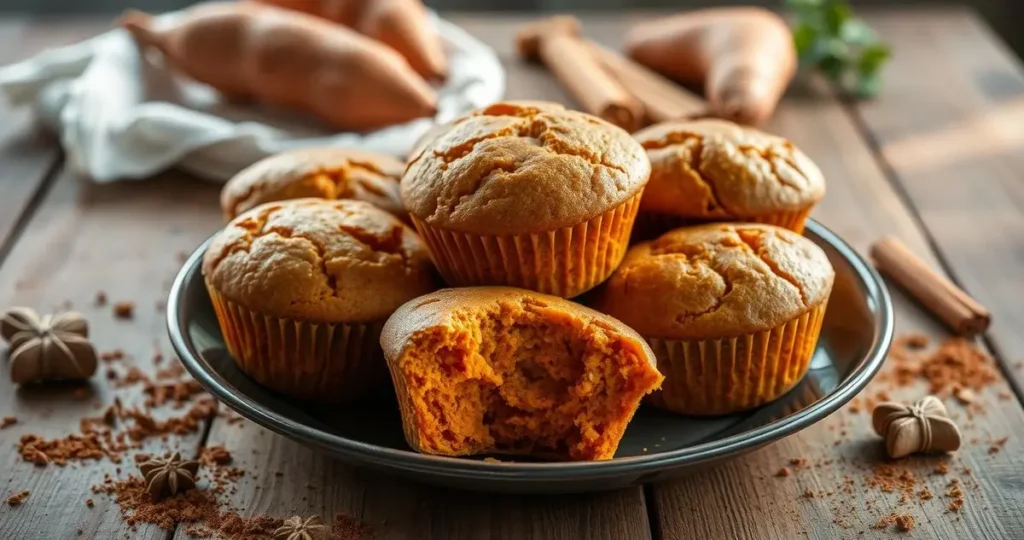 A beautifully arranged plate of golden-brown sweet potato muffins, with a moist texture visible, surrounded by scattered spices like cinnamon and nutmeg, fresh sweet potatoes in the background, and a rustic wooden table setting with soft natural light illuminating the scene.