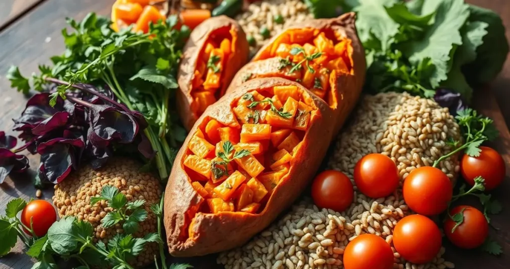 A vibrant arrangement of baked sweet potatoes surrounded by a variety of colorful vegetables, whole grains, and fresh herbs on a wooden table, showcasing a balanced diet. The composition highlights the rich orange color of the sweet potatoes, with textures of leafy greens, brown rice, and bright cherry tomatoes, all beautifully lit by natural sunlight.