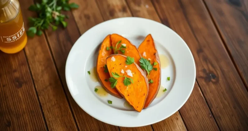 A beautifully arranged plate of baked sweet potatoes, showcasing their vibrant orange color, garnished with fresh herbs, a drizzle of honey, and sprinkled with a pinch of sea salt, set against a rustic wooden table background. Soft natural lighting enhances the textures and steam rising from the warm sweet potatoes.