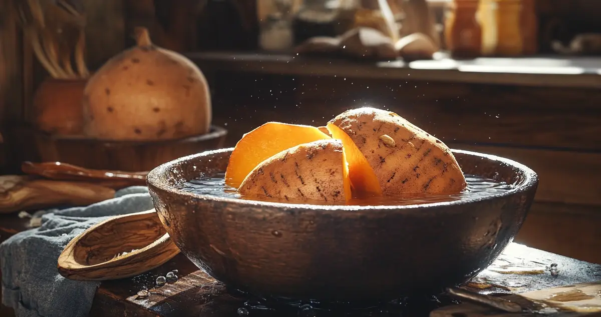 A pair of sweet potatoes, one peeled and one unpeeled, soaking in a bowl of water on a wooden kitchen counter. The image showcases the fresh, natural textures of the potatoes with a cozy kitchen backdrop, emphasizing the importance of soaking sweet potatoes before baking.