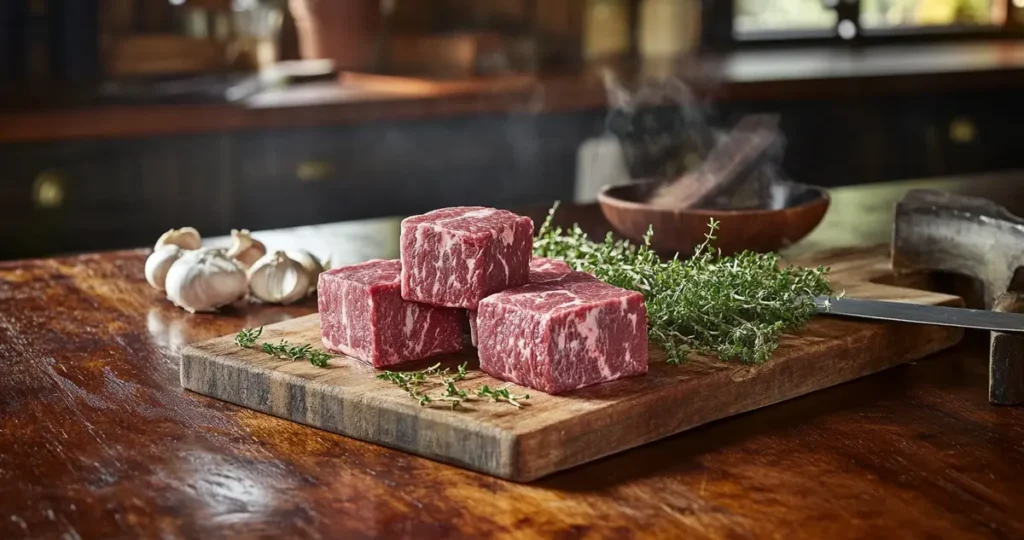 Side-by-side comparison of beef tips and stew meat on a wooden kitchen counter, surrounded by fresh herbs, a cutting board, and a butcher's knife, showcasing the differences in texture and cut size.