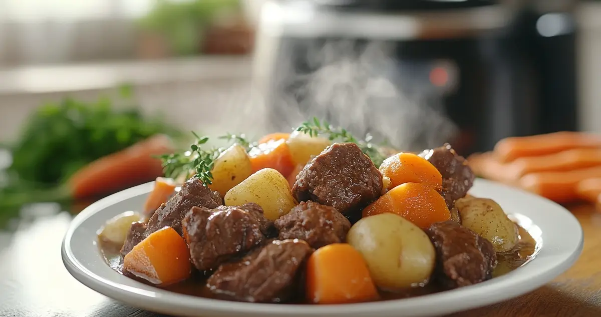 A steaming bowl of tender beef and vegetables cooked in a crockpot, with carrots, potatoes, and onions in a savory broth, set on a rustic wooden table in a cozy kitchen.