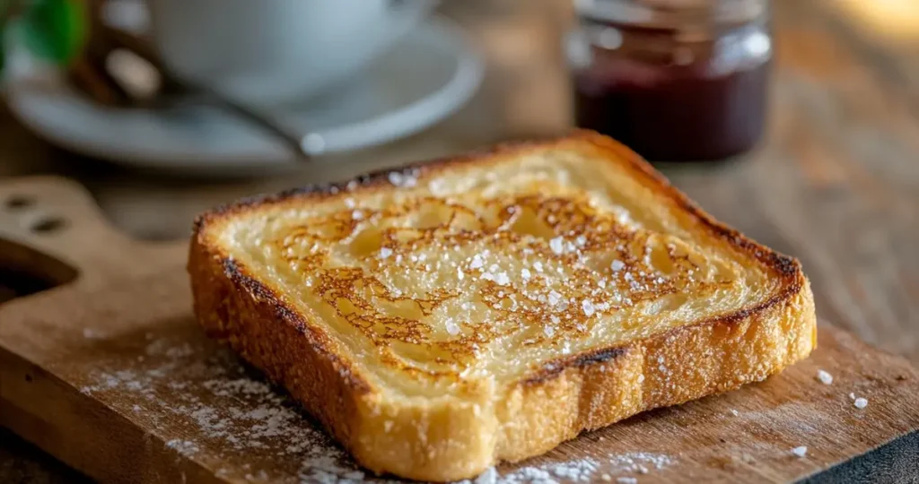 A perfectly toasted slice of sourdough bread, buttered and topped with jam, served in a cozy kitchen setting with a cup of coffee.