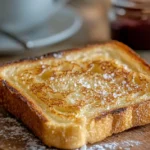 A perfectly toasted slice of sourdough bread, buttered and topped with jam, served in a cozy kitchen setting with a cup of coffee.