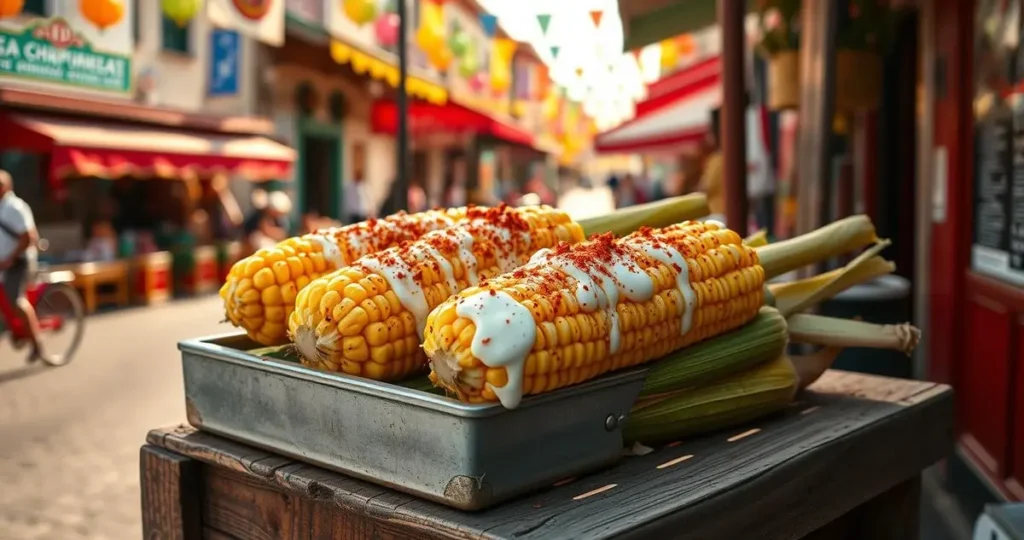 A vibrant street scene featuring traditional Mexican corn, or elote, on a rustic wooden cart. The corn is grilled to perfection, coated in creamy mayonnaise, sprinkled with crumbled cheese, and topped with chili powder. Colorful street decorations and warm sunlight enhance the atmosphere, with the rich textures of corn husks and the cart's weathered wood inviting viewers into the cultural experience.