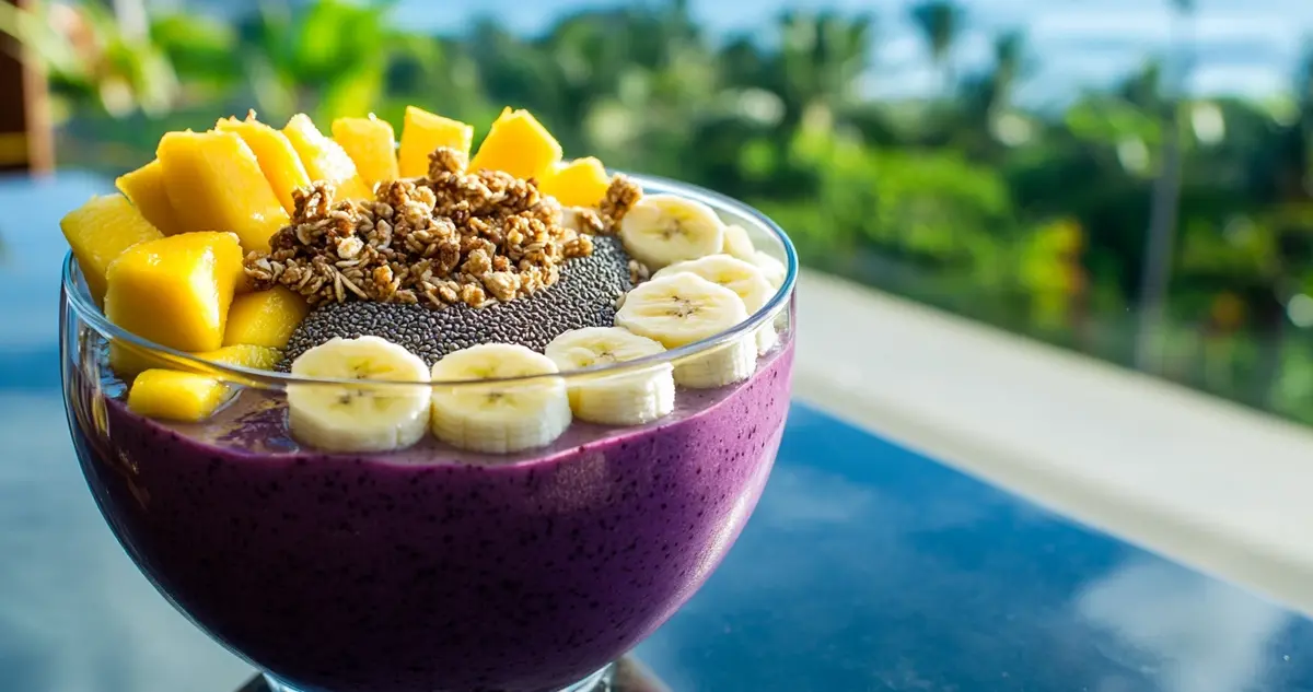 A refreshing Acai Berry Boost Tropical Smoothie filled with vibrant fruits like acai berries, banana, mango, and pineapple, topped with granola, chia seeds, and honey, set against a tropical, sunlit backdrop.