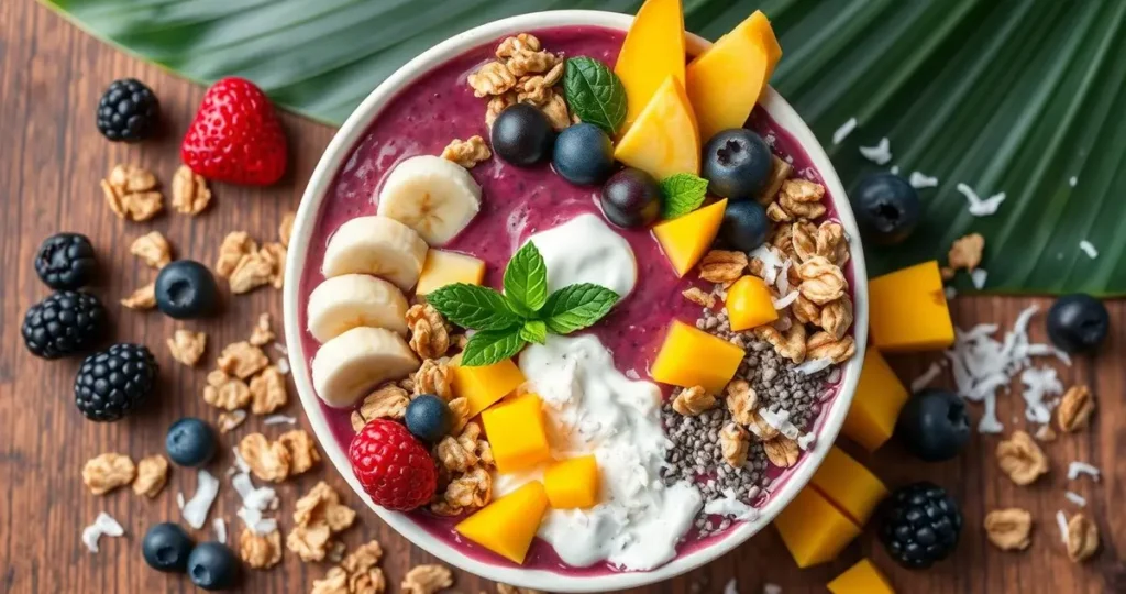 A vibrant tropical smoothie bowl surrounded by fresh ingredients: deep purple acai berries, sliced bananas, creamy coconut yogurt, colorful granola clusters, ripe mango chunks, shredded coconut, and a sprinkle of chia seeds, all artistically arranged on a wooden table with a tropical leaf backdrop.