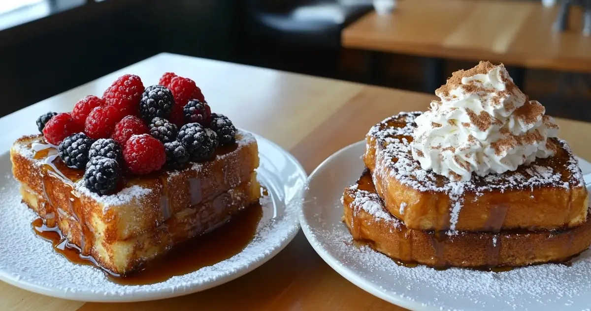Two plates of French toast: one with crispy sourdough French toast topped with berries and syrup, and the other with soft brioche French toast, whipped cream, and a cinnamon sprinkle.