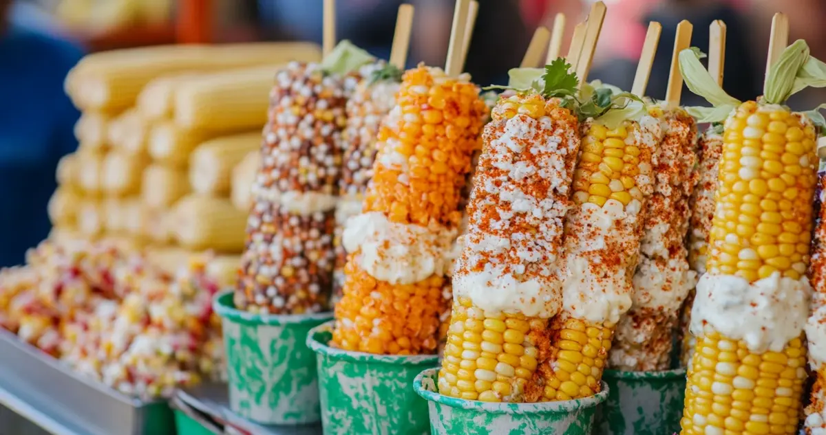 Two types of corn on the cob side by side: one with traditional elote toppings (mayonnaise, cheese, chili, lime) and the other with street corn-style seasoning, showcasing the difference between the two popular street food variations.